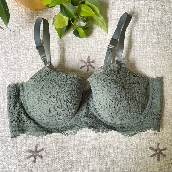 SOLD Aerie lightly padded balconette floral lace bra 40D sage green rosegold - Picture 1 of 11